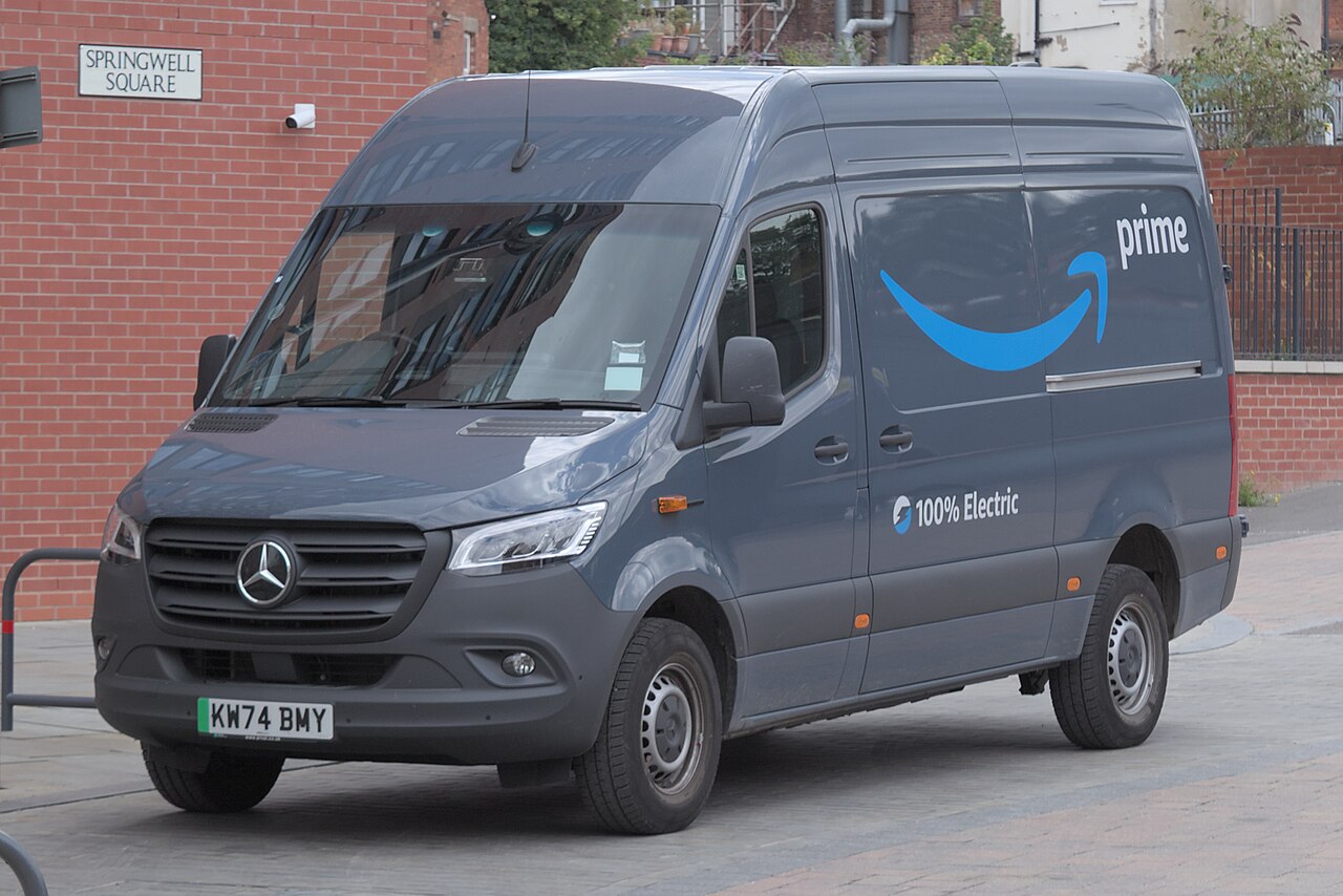 Amazon-branded delivery van parked on a street in the UK